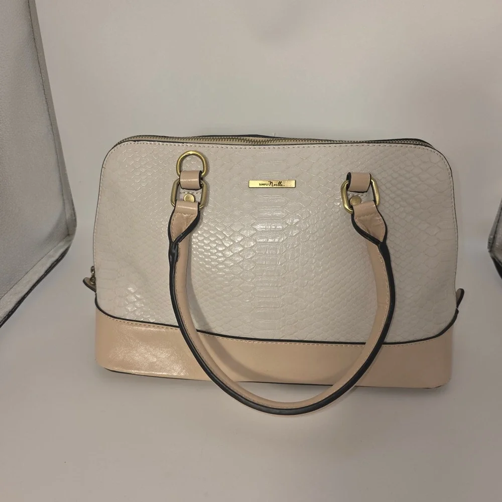 Simply Noelle Cream Snakeskin Embossed Tan Dome Satchel Handbag Gold Hardware